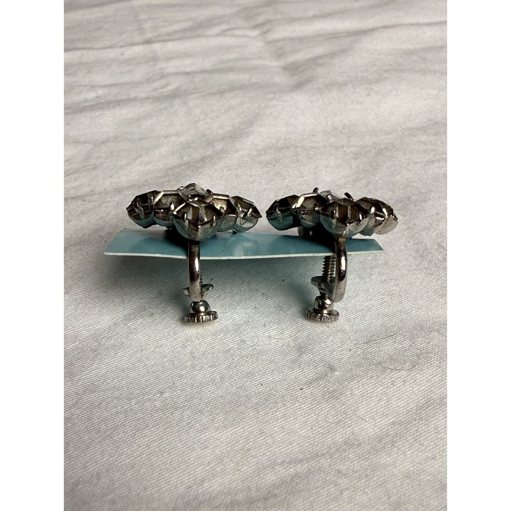 Vintage 50s/60s Rhinestone Triangle Screwback Silver Tone & Smoky Clear Marquise - Picture 2 of 2